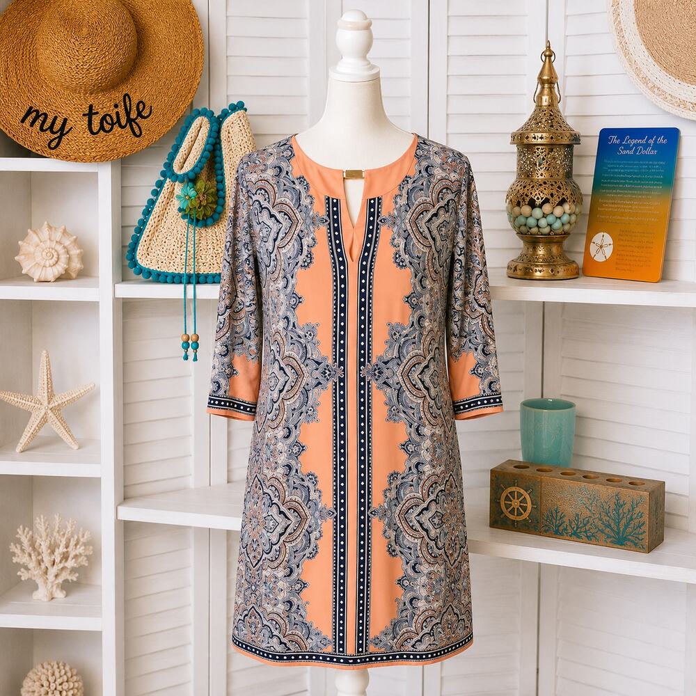 Signature Camryn Coral And Navy Paisley Dress‎ 3/4 Sleeve Size 14